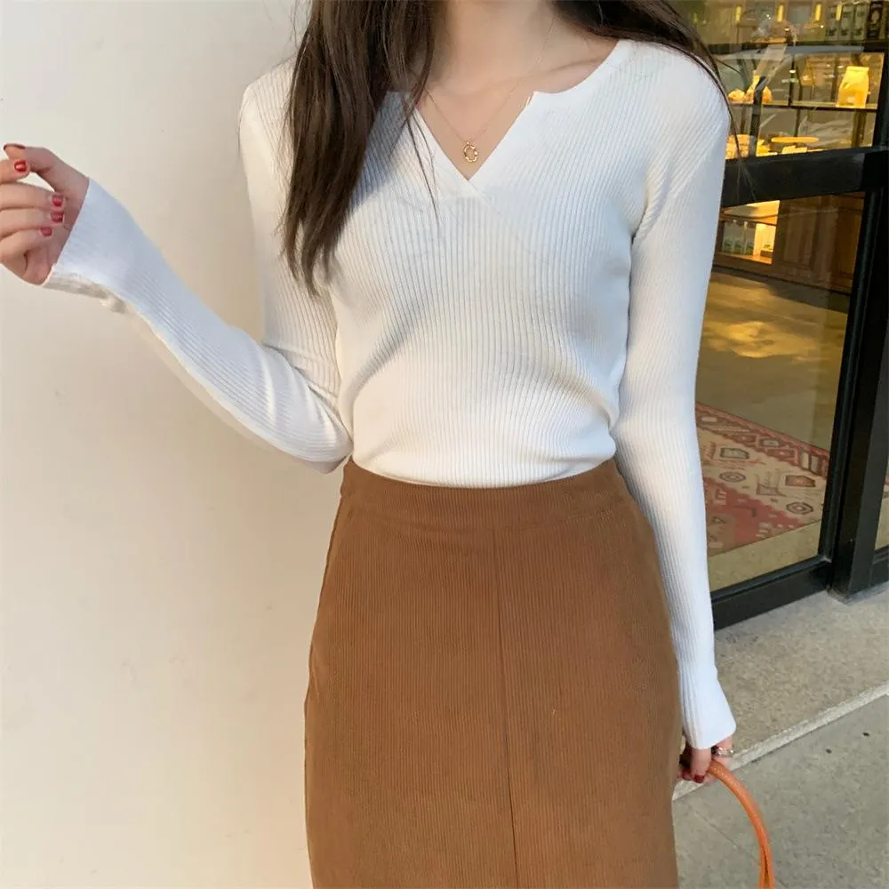 Solid Colored Trendy All-Matching Fitting Matching Tops ins Korean Slim Look V-Neck Matching Sweater Women Outerwear