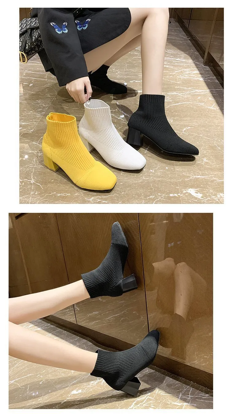 Square Toe Sleeve Boots Thick Heel Flying Knit