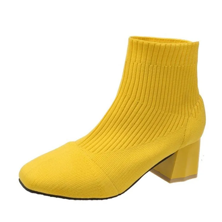 Square Toe Sleeve Boots Thick Heel Flying Knit