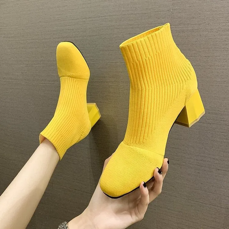 Square Toe Sleeve Boots Thick Heel Flying Knit