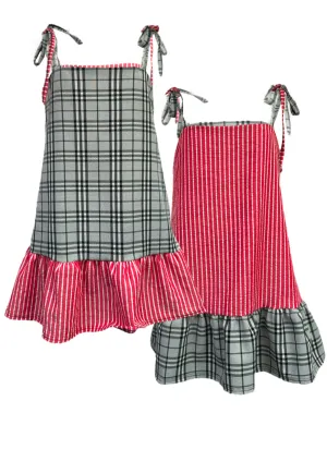 STRIPE/CHECK REVERSIBLE RUFFLE DRESS