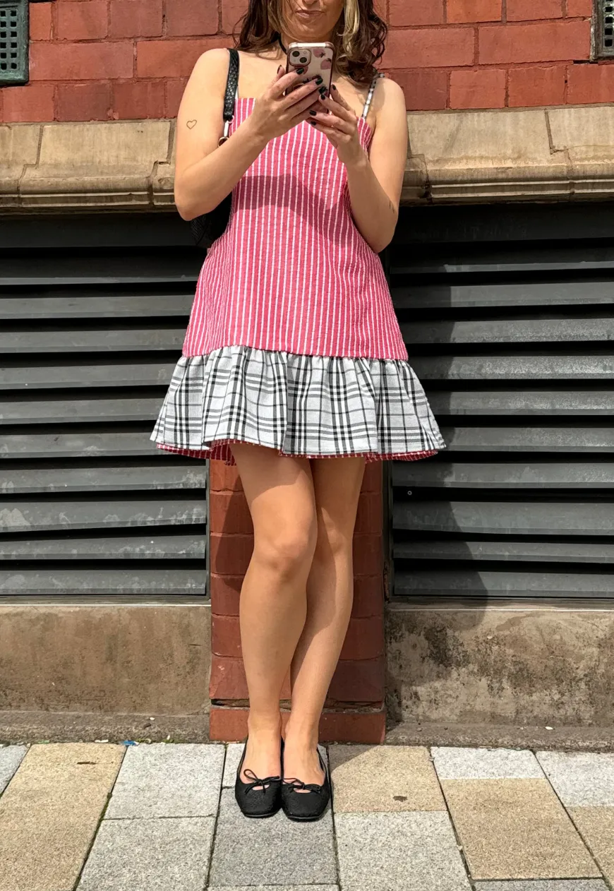 STRIPE/CHECK REVERSIBLE RUFFLE DRESS