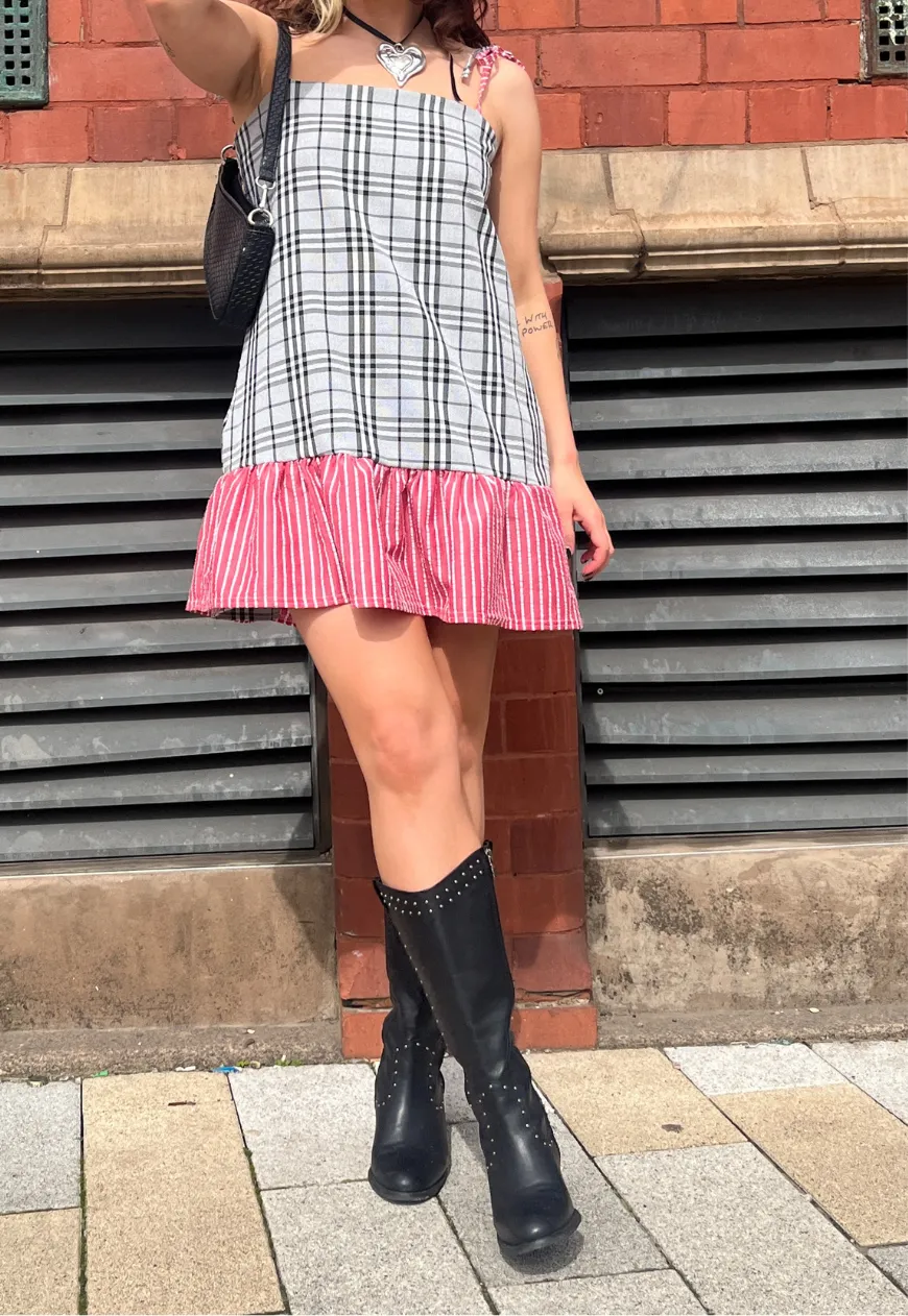 STRIPE/CHECK REVERSIBLE RUFFLE DRESS