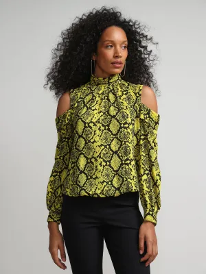 Tall Snake-Print Cold-Shoulder Mock-Neck Blouse