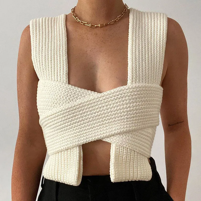 Tie Strap Cropped Knit Modern Tank Top - Pink