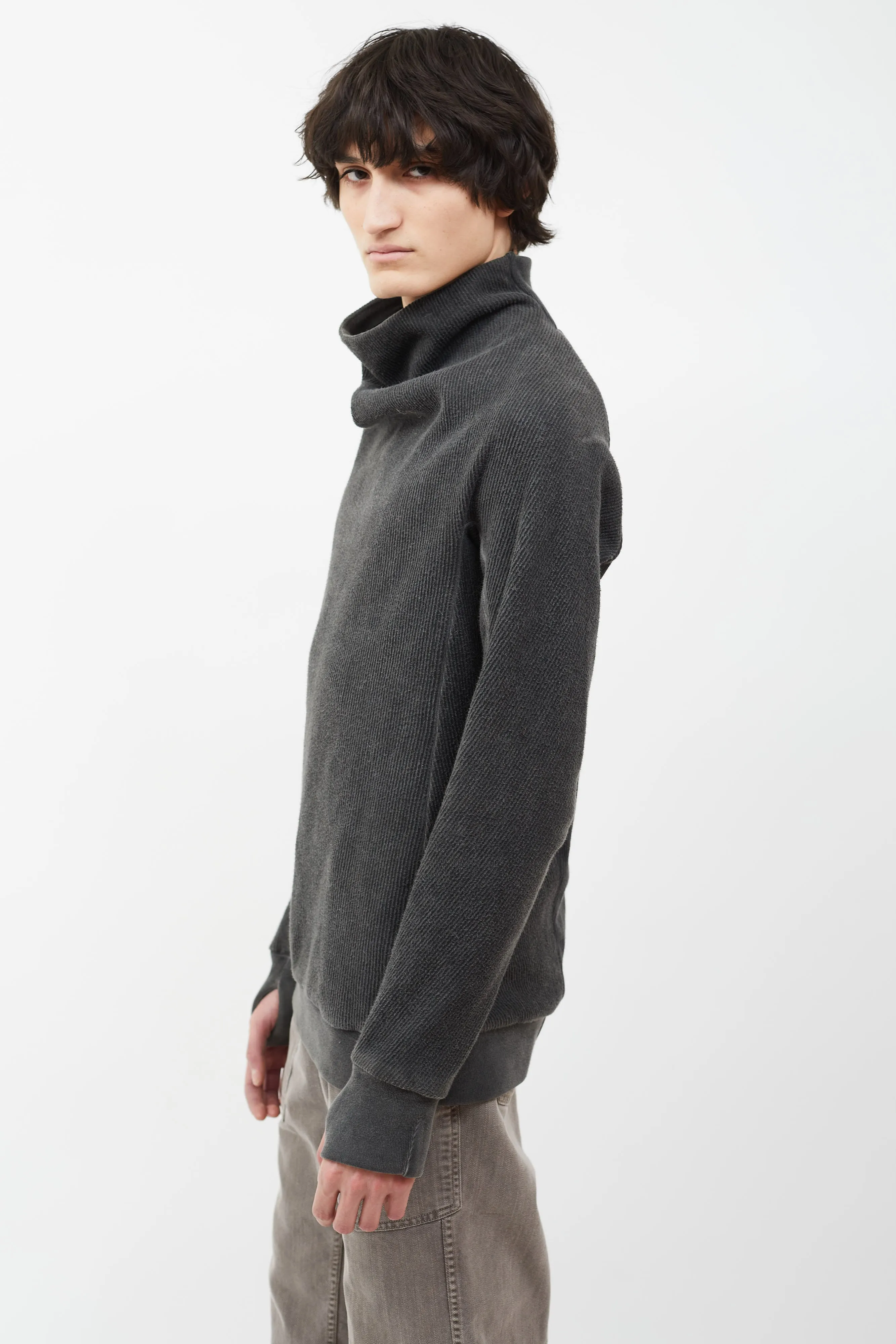 Washed Grey Asymmetrical Turtleneck Ribbed Sweater