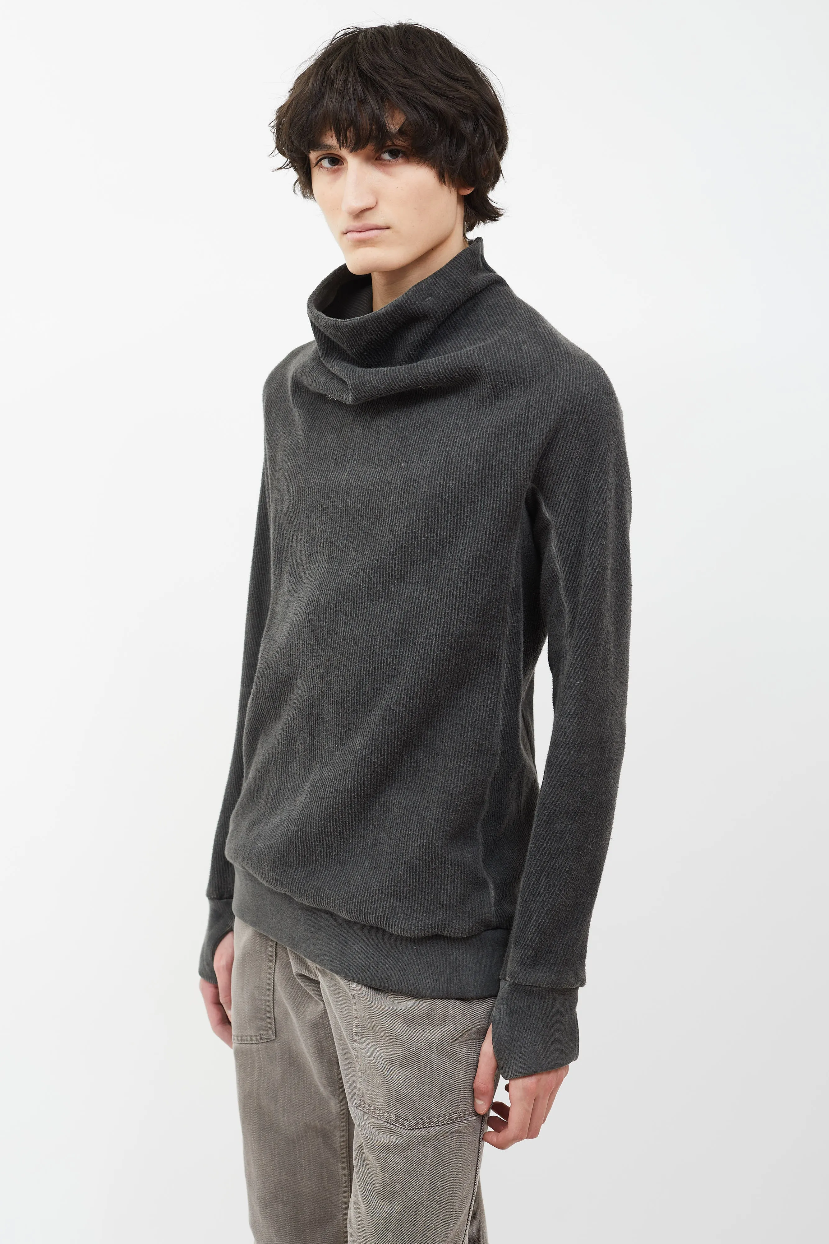 Washed Grey Asymmetrical Turtleneck Ribbed Sweater