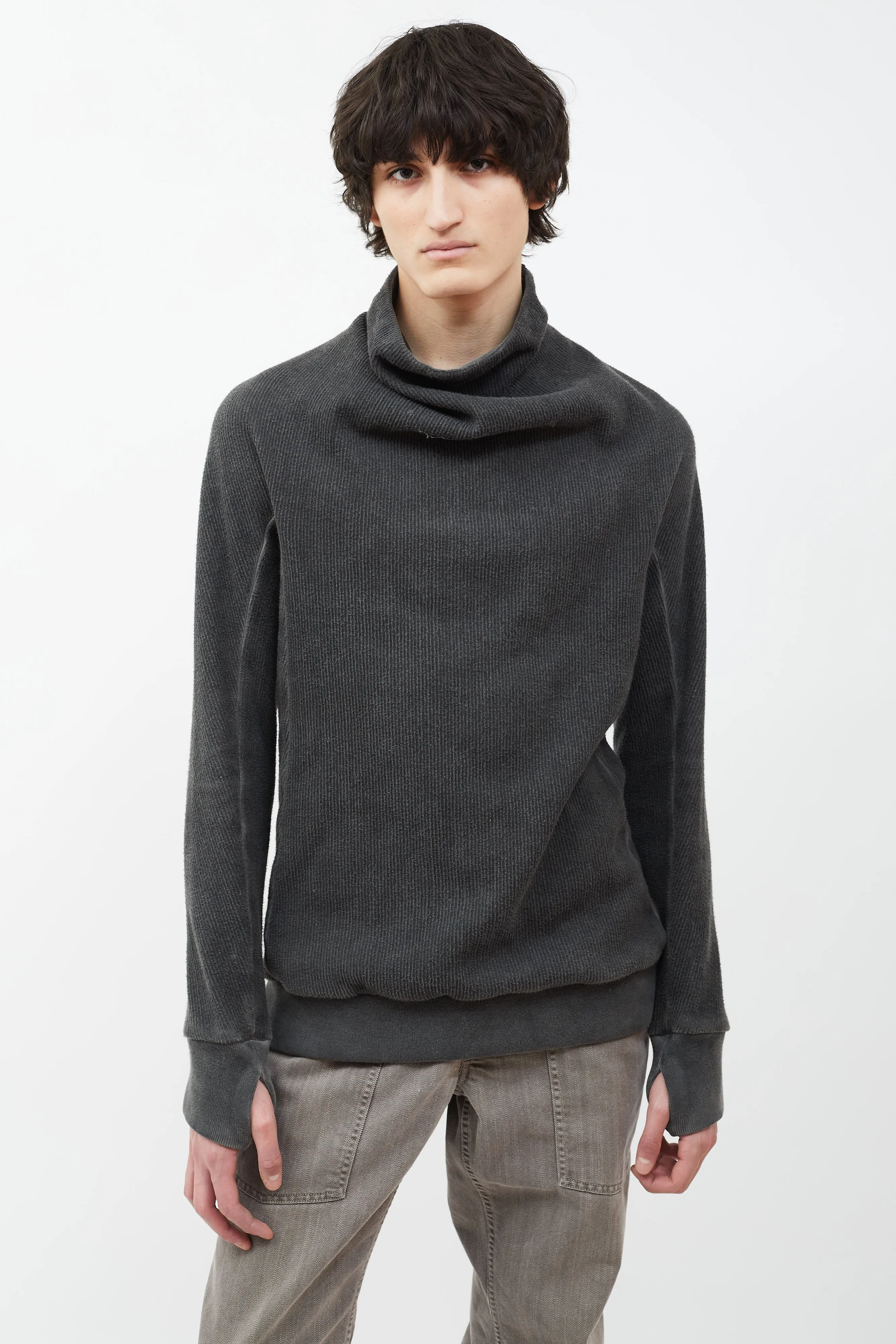 Washed Grey Asymmetrical Turtleneck Ribbed Sweater