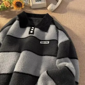 Wiaofellas  -  Retro Striped Knitted Polo Shirt Men Autumn Winter Thick Contrast Color Sweater Japanese Lazy Style Loose Trendy Knit Tops