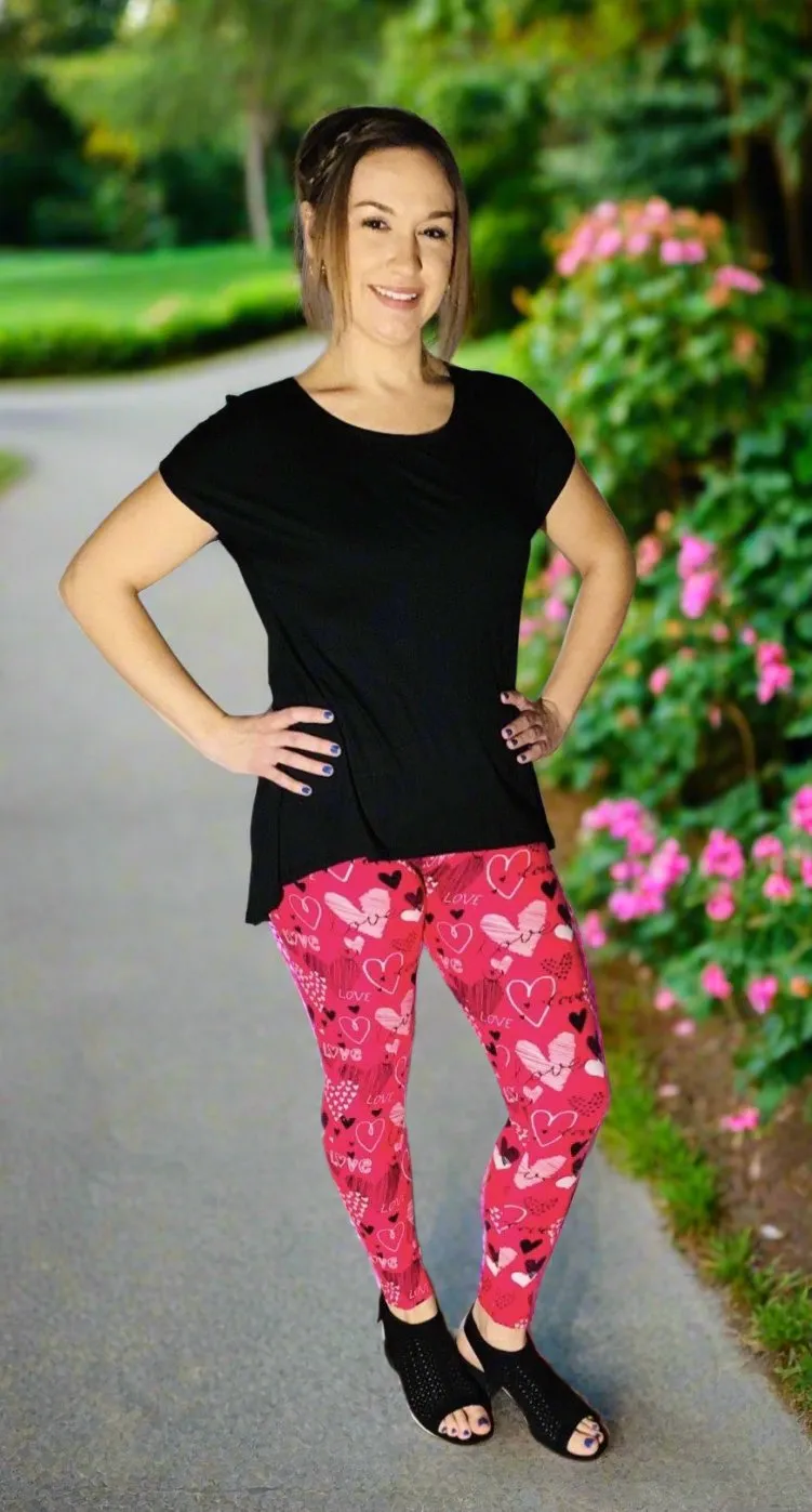 Womens Valentines Day Leggings, Pink Heart Leggings, Soft Yoga Pants, Sizes 0-20, Yoga Waist,   Pink/Black