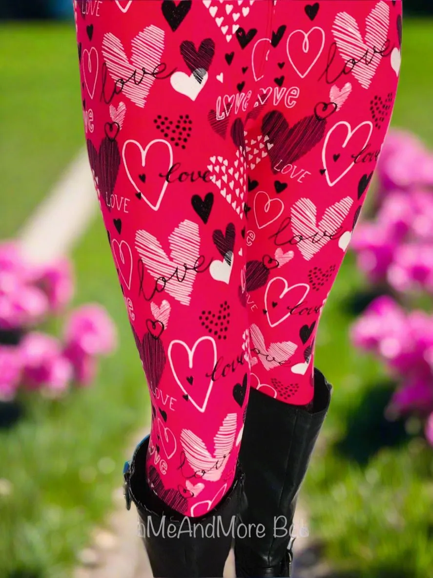 Womens Valentines Day Leggings, Pink Heart Leggings, Soft Yoga Pants, Sizes 0-20, Yoga Waist,   Pink/Black