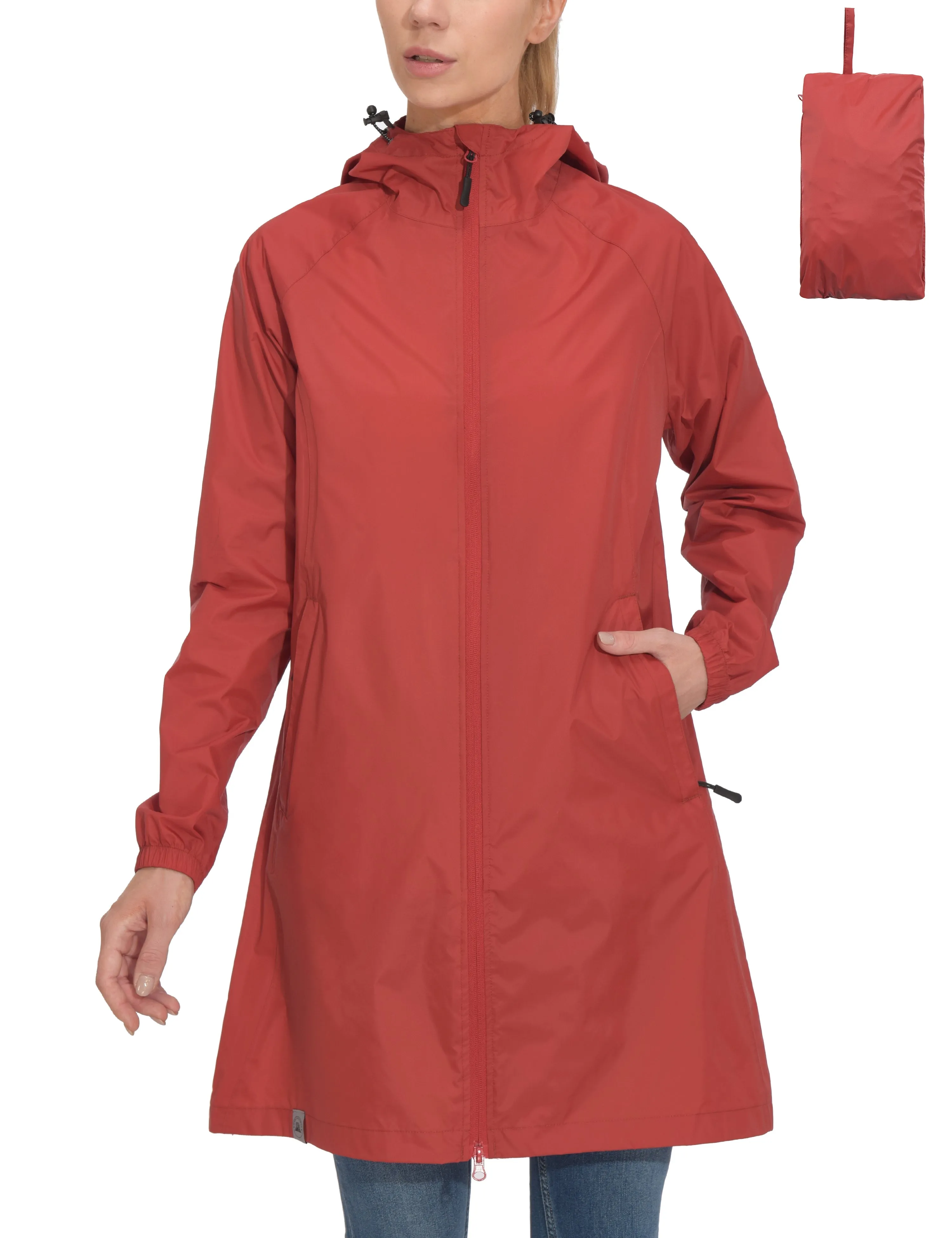 Women's Waterproof Packable Hooded Long Rain Jacket