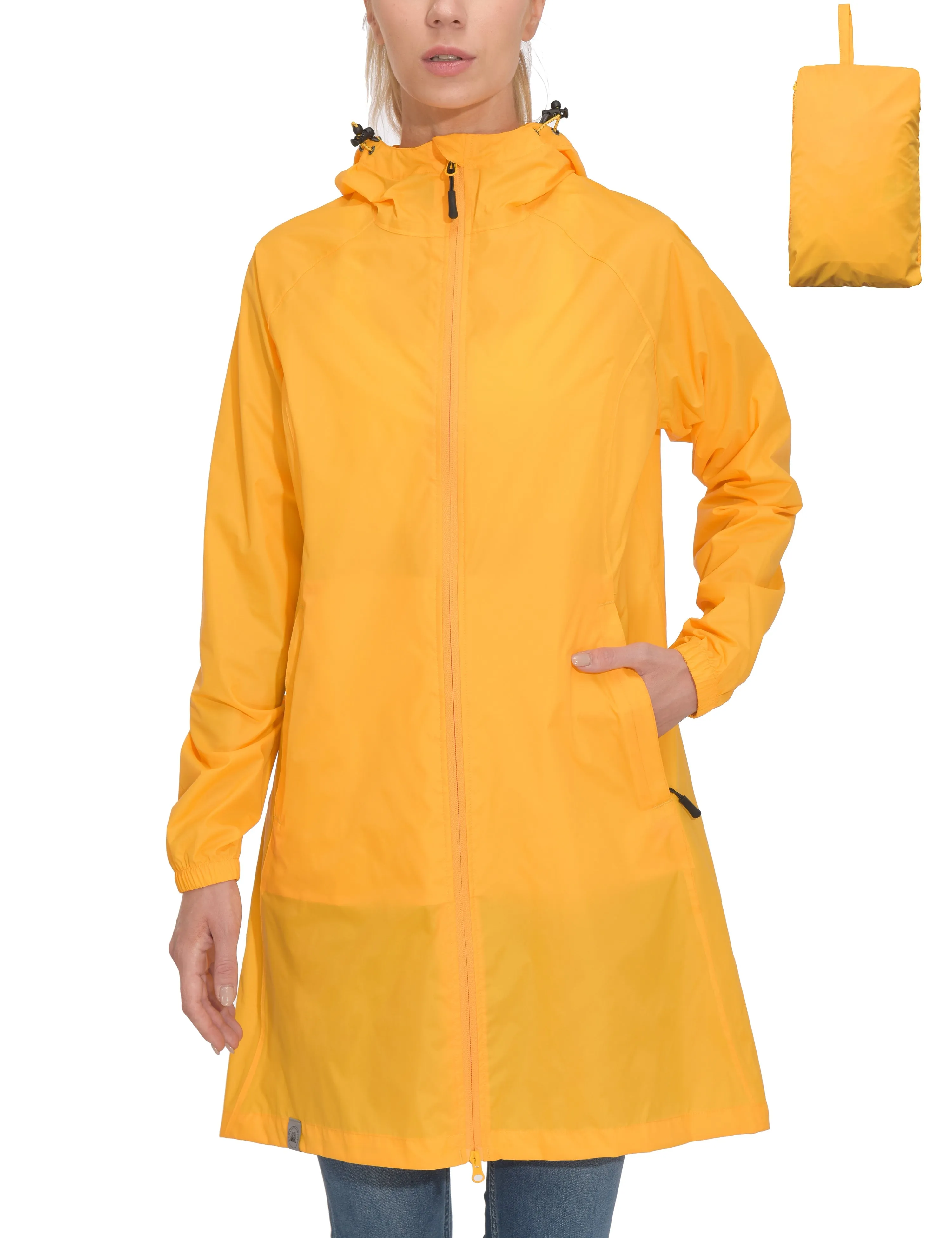 Women's Waterproof Packable Hooded Long Rain Jacket