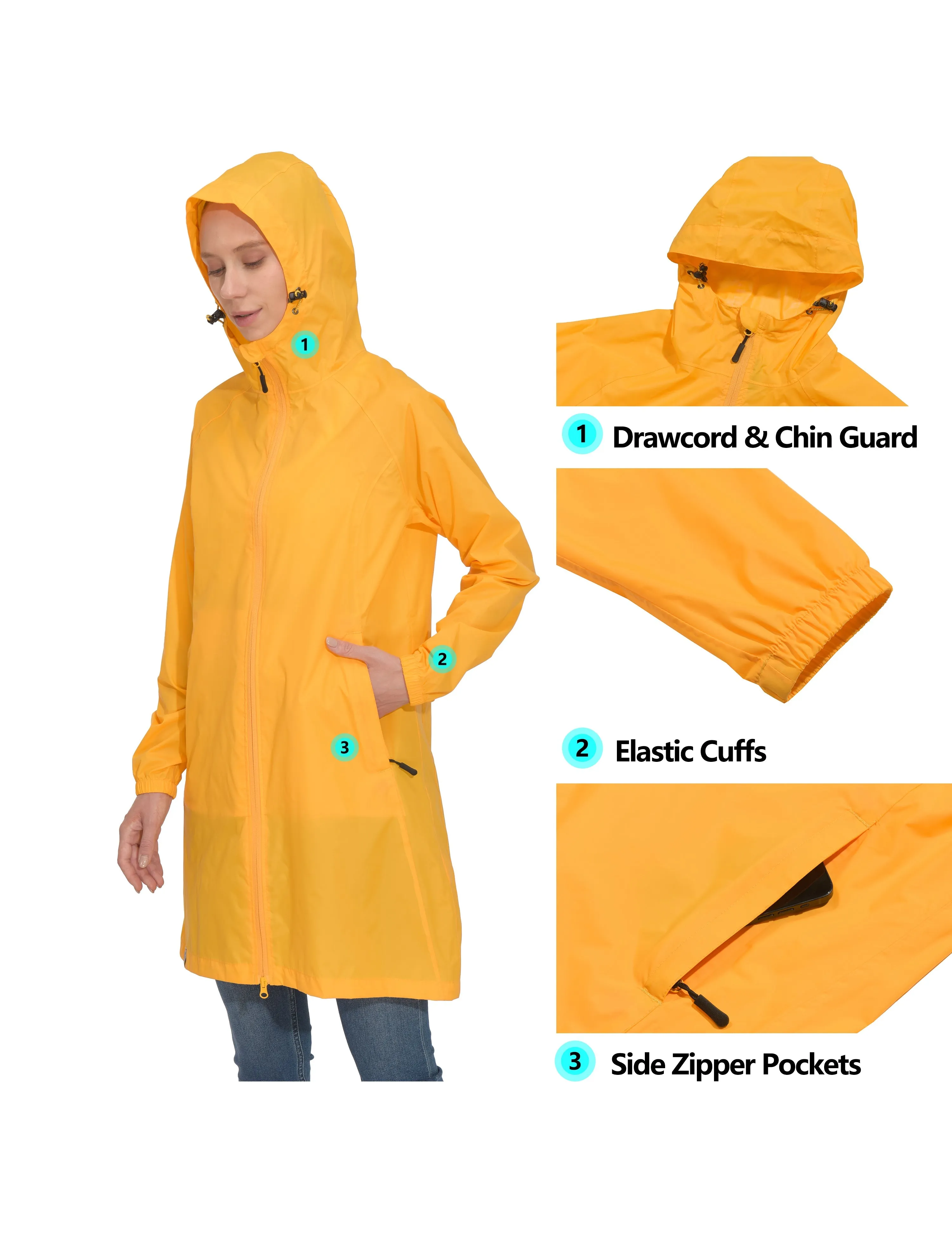 Women's Waterproof Packable Hooded Long Rain Jacket