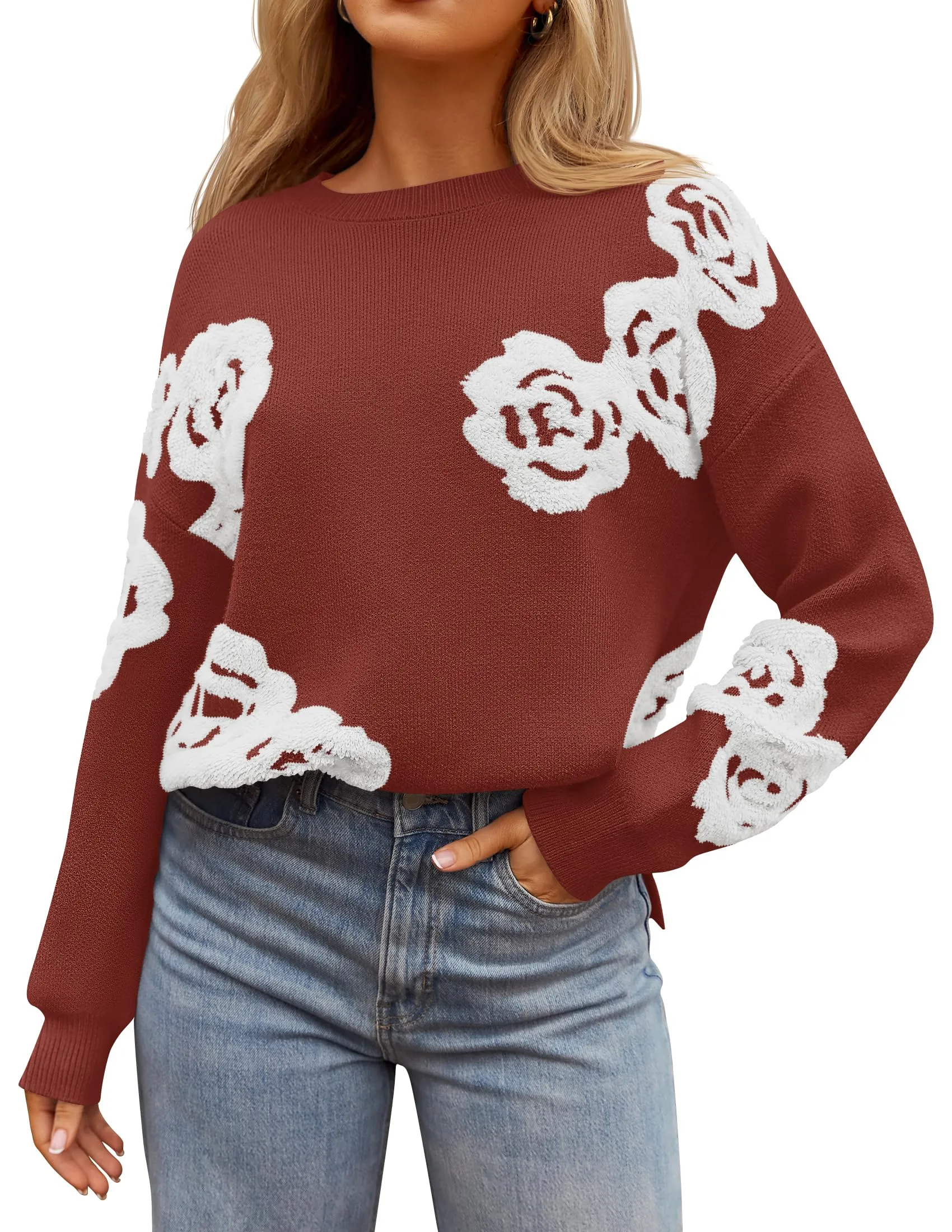 ZESICA Casual Crewneck Floral Oversized Knit Side Slit Pullovers Tops