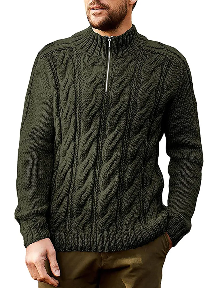 Zipper Solid Color Crew Neck Knitted Sweater