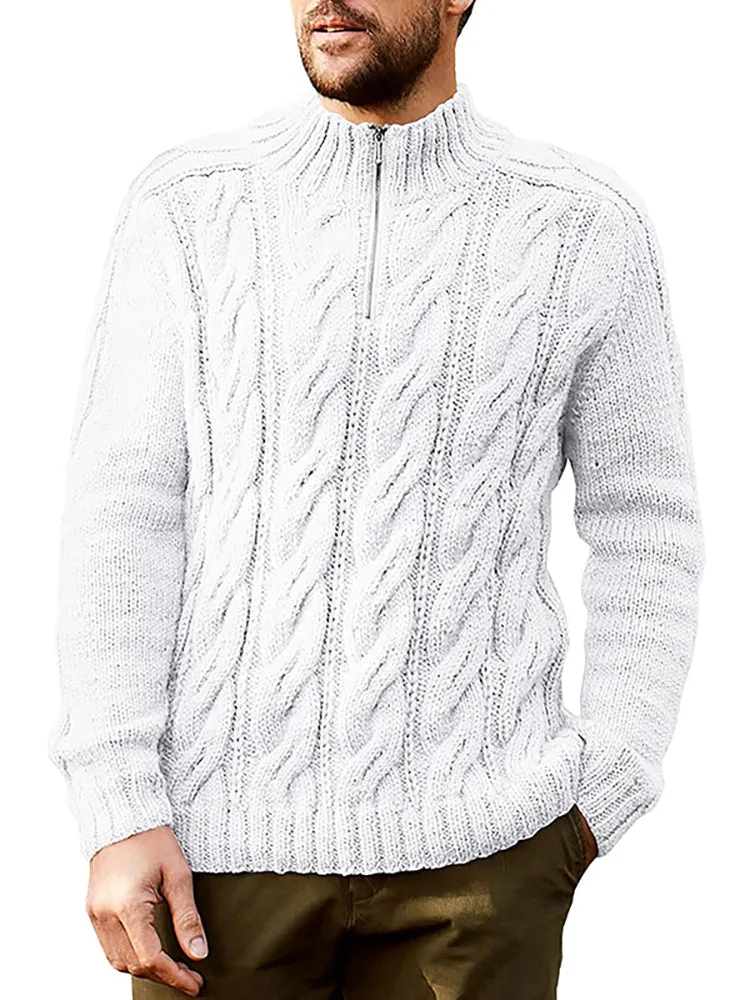 Zipper Solid Color Crew Neck Knitted Sweater