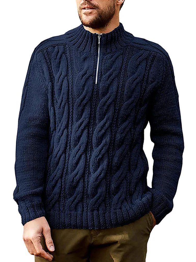 Zipper Solid Color Crew Neck Knitted Sweater