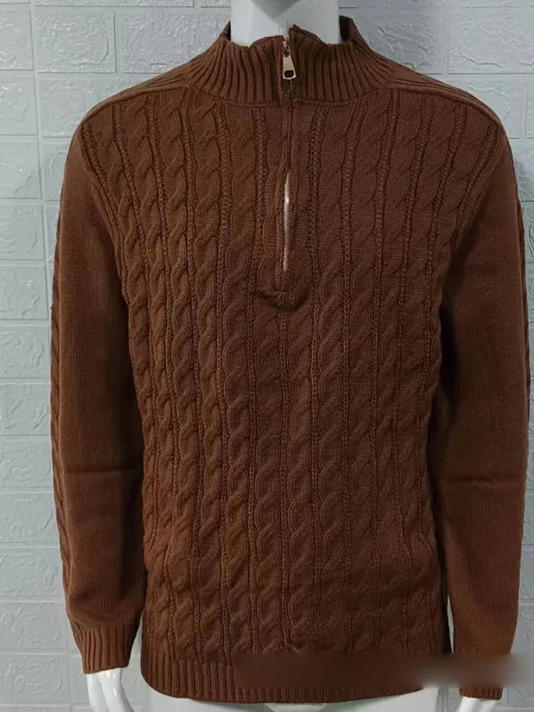 Zipper Solid Color Crew Neck Knitted Sweater